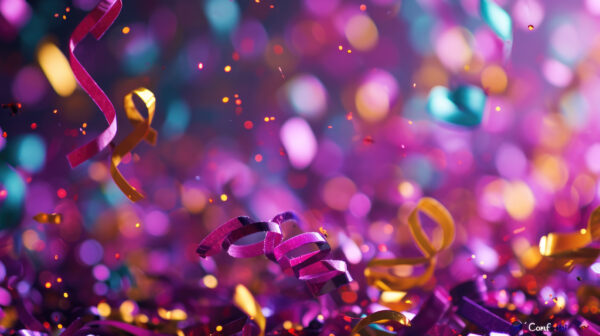 Festive explosion of colorful confetti in mid-air, with a blurred background enhancing the sense of movement and celebration.